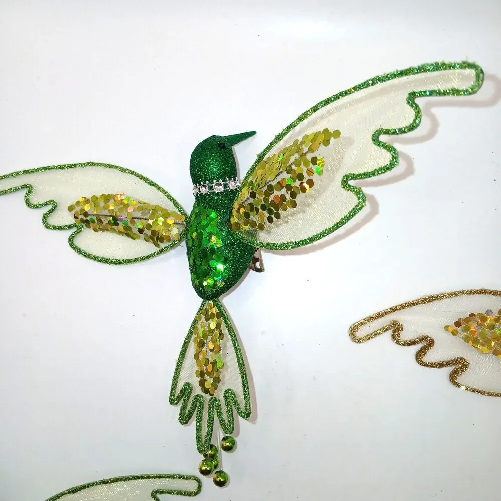 Clip On Bird Ornaments Hummingbirds Red Green Gold Glitter & Sequins Set Of 4